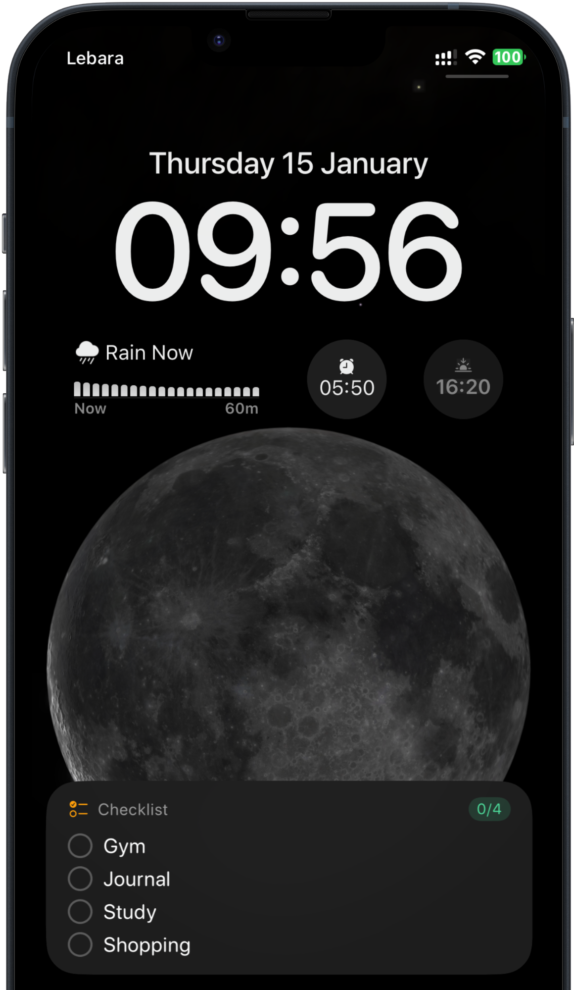 iPhone Lock Screen showing a pinned RemindMe checklist: Gym, Journal, Study, Shopping