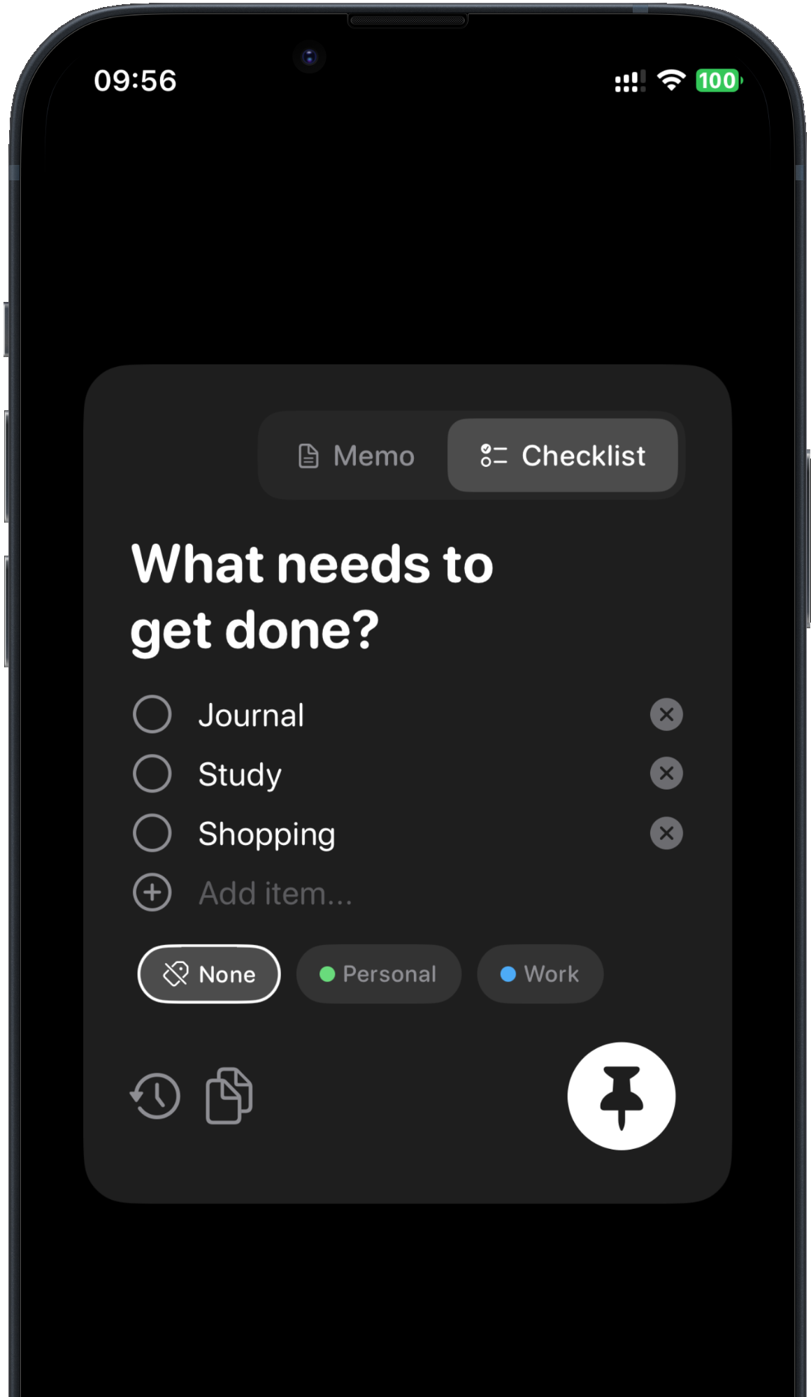 RemindMe capture screen with a checklist of Journal, Study and Shopping, label options and a pin button