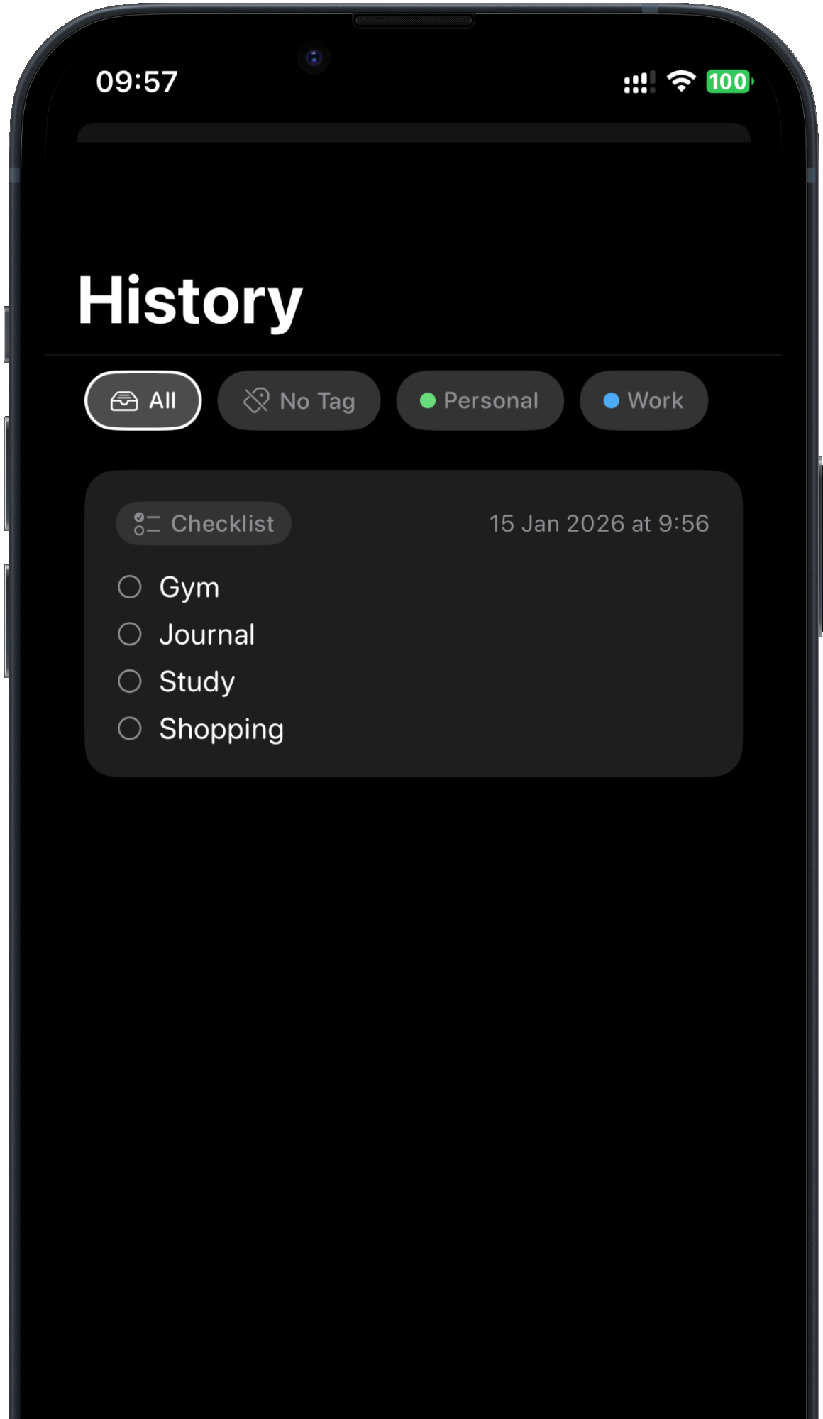 RemindMe History screen with a saved checklist and label filters