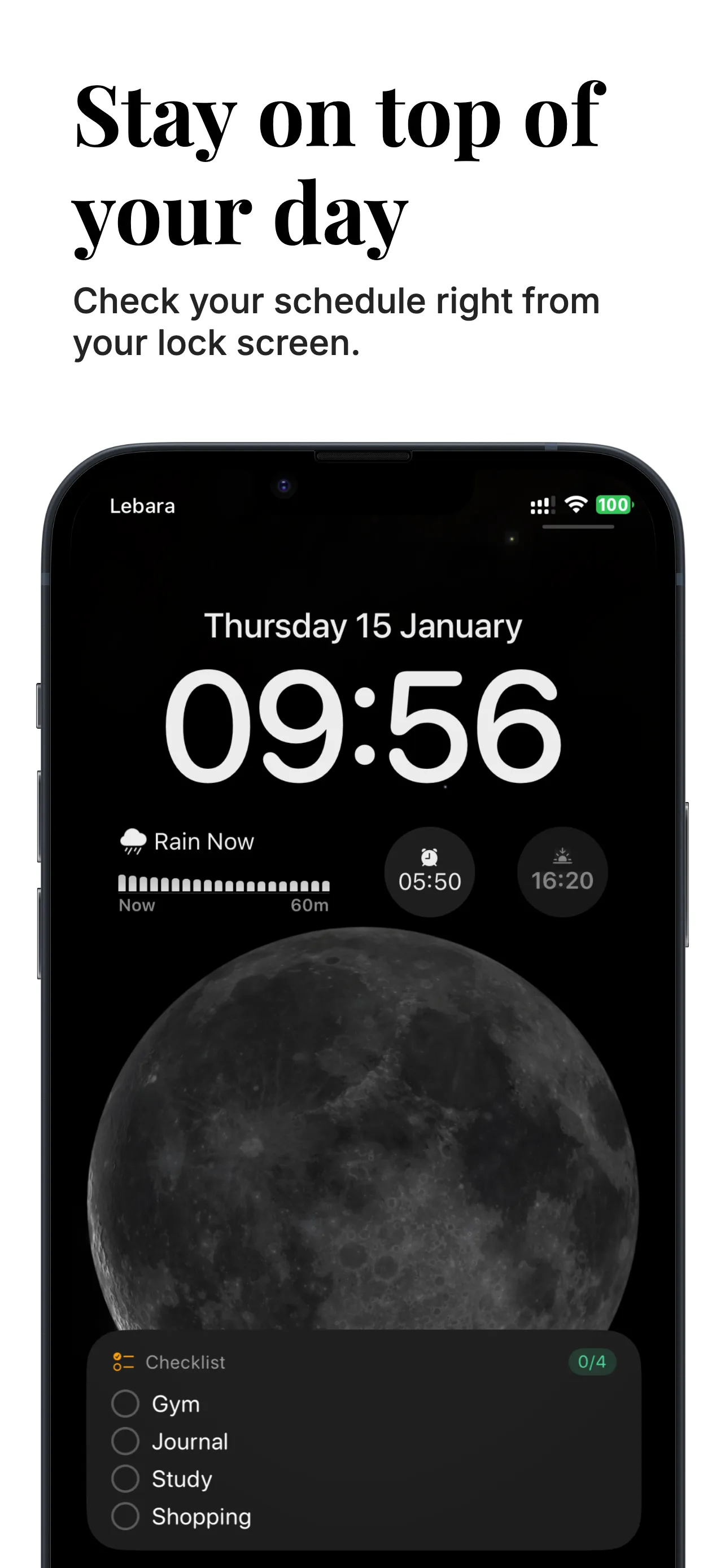 iPhone Lock Screen with a pinned RemindMe checklist showing 0 of 4 items done