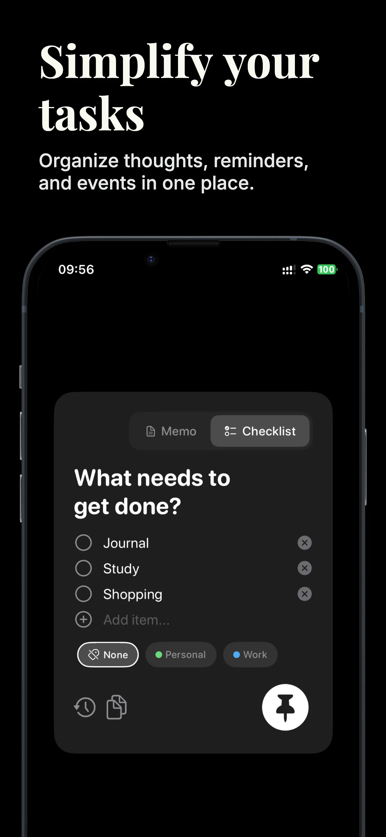 RemindMe capture screen with a checklist of Journal, Study and Shopping, label options and a pin button