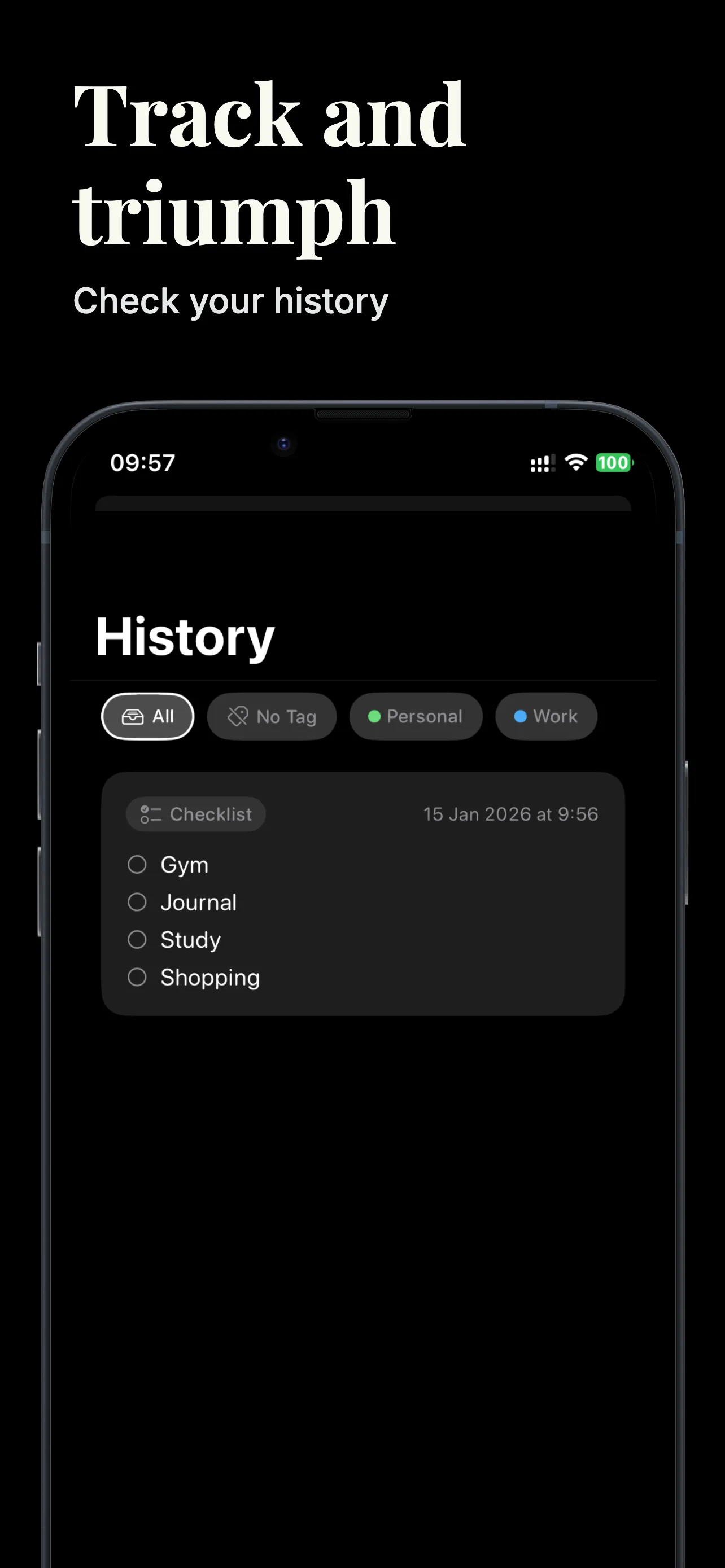 RemindMe History screen with a saved checklist and label filters