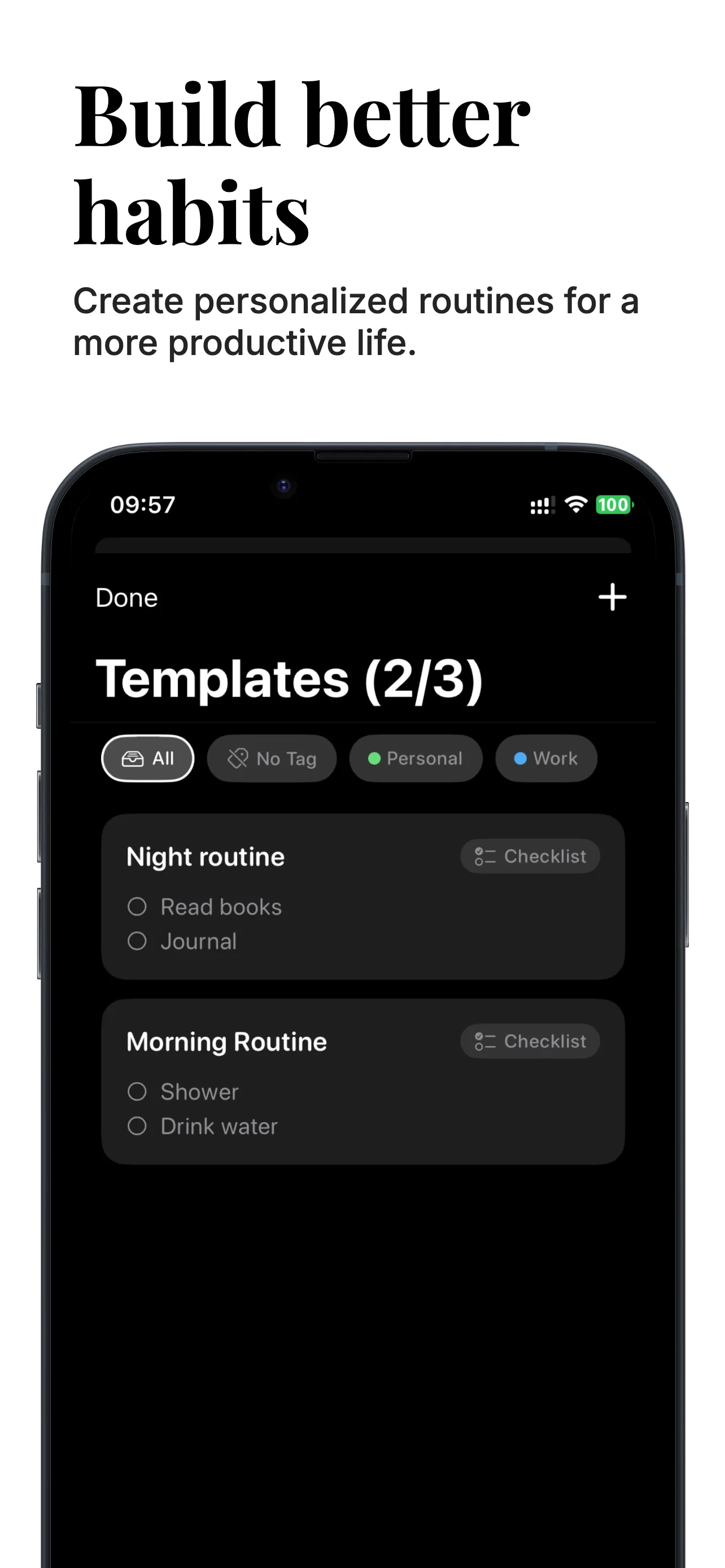 RemindMe Templates screen with Night routine and Morning Routine checklists